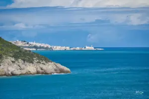Blick aus der Ferne zur ins Meer hinausragende Vieste.