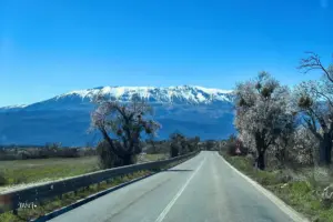 Endlos lange führt die Strasse schnurgerade Richtung verschneite Berge.