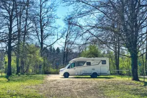 Wohnmobil steht parkiert auf der Wiese unter kahlen Bäumen.